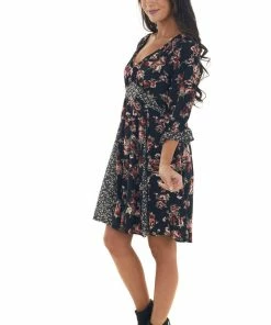 Umgee Black Mixed Floral Print V Neck Short Dress Dresses