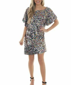 Vine & Love Black Multicolor Sequin Boat Neck Shift Dress