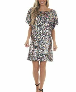 Vine & Love Black Multicolor Sequin Boat Neck Shift Dress