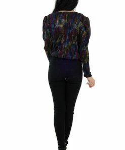 Flying Tomato Black Multicolored Print Surplice Bodysuit Tops