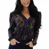Flying Tomato Black Multicolored Print Surplice Bodysuit Tops