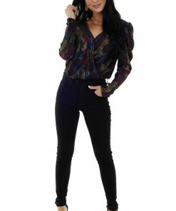 Flying Tomato Black Multicolored Print Surplice Bodysuit Tops