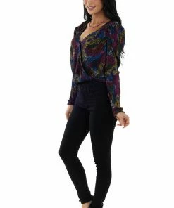 Flying Tomato Black Multicolored Print Surplice Bodysuit Tops