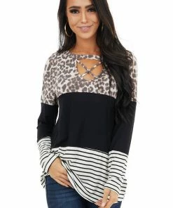 Lovely Melody Black Multiprint Colorblock Top With Criss Cross Cutout