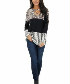 Lovely Melody Black Multiprint Colorblock Top With Criss Cross Cutout