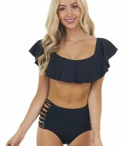 Envya Accessories Black Off Shoulder Bikini Set With Strappy Details