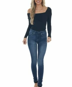 143 Story Black Off Shoulder Overlay Detail Bodysuit Tops