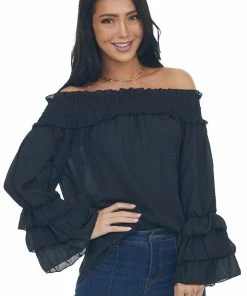 Vine & Love Black Off Shoulder Tiered Bell Sleeve Blouse Tops