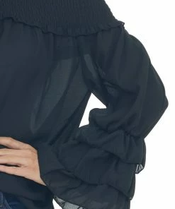 Vine & Love Black Off Shoulder Tiered Bell Sleeve Blouse Tops