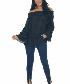 Vine & Love Black Off Shoulder Tiered Bell Sleeve Blouse Tops
