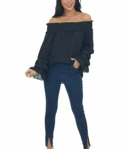 Vine & Love Black Off Shoulder Tiered Bell Sleeve Blouse Tops