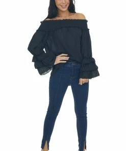 Vine & Love Black Off Shoulder Tiered Bell Sleeve Blouse Tops