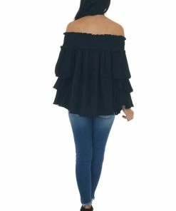 Easel Black Off Shoulder Tiered Ruffle Sleeve Top