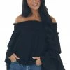 Easel Black Off Shoulder Tiered Ruffle Sleeve Top