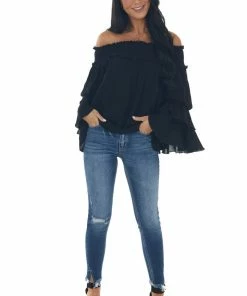 Easel Black Off Shoulder Tiered Ruffle Sleeve Top