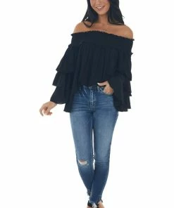 Easel Black Off Shoulder Tiered Ruffle Sleeve Top
