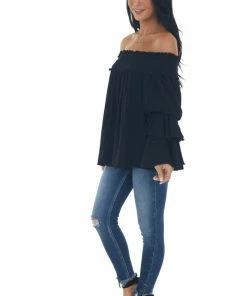 Easel Black Off Shoulder Tiered Ruffle Sleeve Top