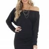 Fantastic Fawn Black Off Shoulder Tulip Hem Short Dress With Ruching Detail Dresses