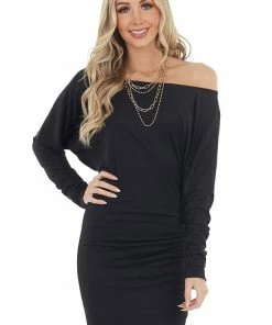 Fantastic Fawn Black Off Shoulder Tulip Hem Short Dress With Ruching Detail Dresses