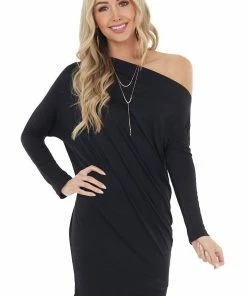 Cherish Black Off The Shoulder Long Sleeve Semi Fitted Short Dress