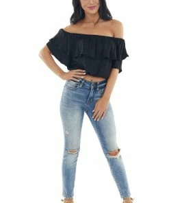 She + Sky Black Off The Shoulder Short Sleeve Overlaying Crop Top Tops