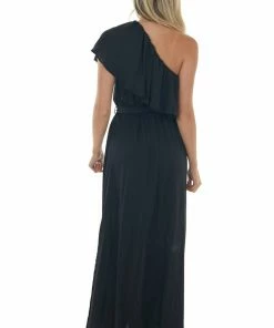 Fantastic Fawn Dresses Black One Shoulder Ruffle Overlay Maxi Dress