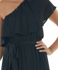 Fantastic Fawn Dresses Black One Shoulder Ruffle Overlay Maxi Dress