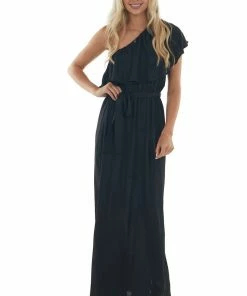 Fantastic Fawn Dresses Black One Shoulder Ruffle Overlay Maxi Dress
