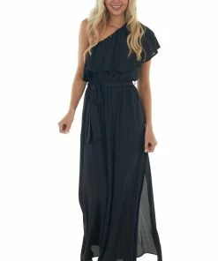 Fantastic Fawn Dresses Black One Shoulder Ruffle Overlay Maxi Dress