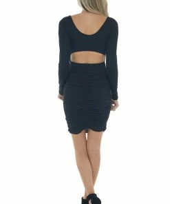 Heart & Hips Black Open Back Ruched Bodycon Knit Dress Dresses 24 Heart & Hips Black Open Back Ruched Bodycon Knit Dress Dresses