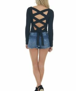 BiBi Tops Black Open Criss Cross Back Ribbed Knit Top