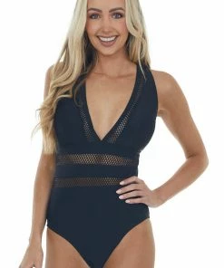 Davi & Dani Black Open Knit Plunging Neckline Swimsuit Accessories