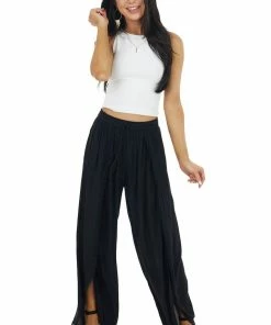 ANGIE Black Open Leg Wrap Pants With Tassel And Lace Details Bottoms