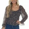 FSL APPAREL Tops Black Paisley Print Smocked Back Peplum Blouse