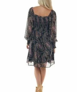 143 Story Black Paisley Print Smocked Woven Short Dress