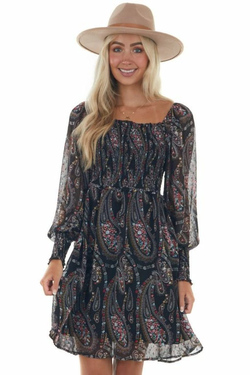 143 Story Black Paisley Print Smocked Woven Short Dress 2 143 Story Black Paisley Print Smocked Woven Short Dress