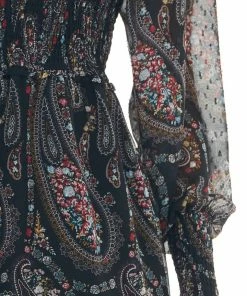 143 Story Black Paisley Print Smocked Woven Short Dress