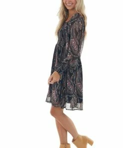 143 Story Black Paisley Print Smocked Woven Short Dress