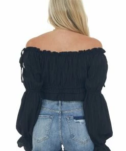 HYFVE Black Peasant Sleeve Ruffle Crop Top Tops