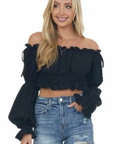 HYFVE Black Peasant Sleeve Ruffle Crop Top Tops