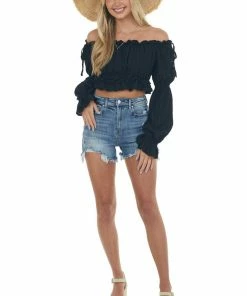 HYFVE Black Peasant Sleeve Ruffle Crop Top Tops