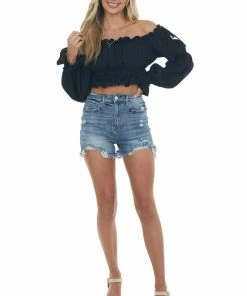 HYFVE Black Peasant Sleeve Ruffle Crop Top Tops