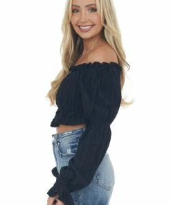 HYFVE Black Peasant Sleeve Ruffle Crop Top Tops