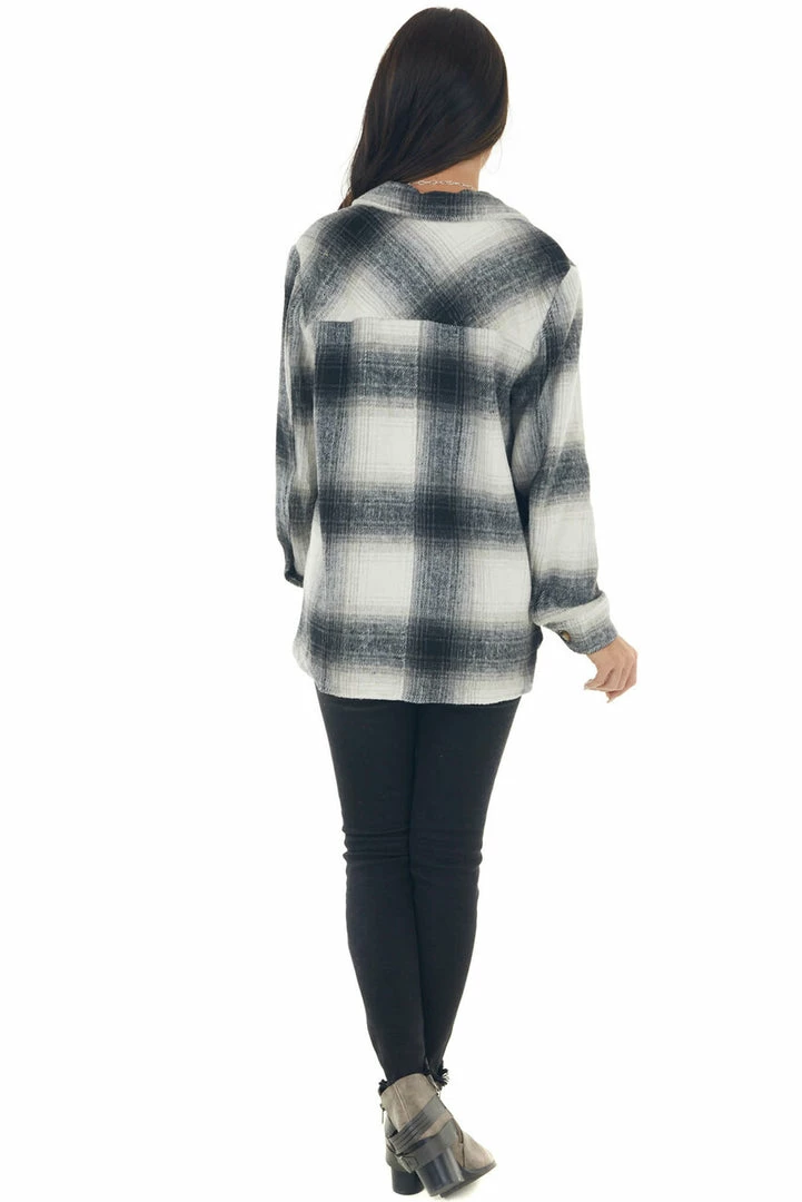 Umgee Black Plaid Button Down Brushed Shirt Jacket Tops 9 Umgee Black Plaid Button Down Brushed Shirt Jacket Tops