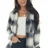Umgee Black Plaid Button Down Brushed Shirt Jacket Tops