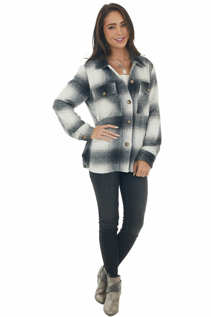 Umgee Black Plaid Button Down Brushed Shirt Jacket Tops 6 Umgee Black Plaid Button Down Brushed Shirt Jacket Tops