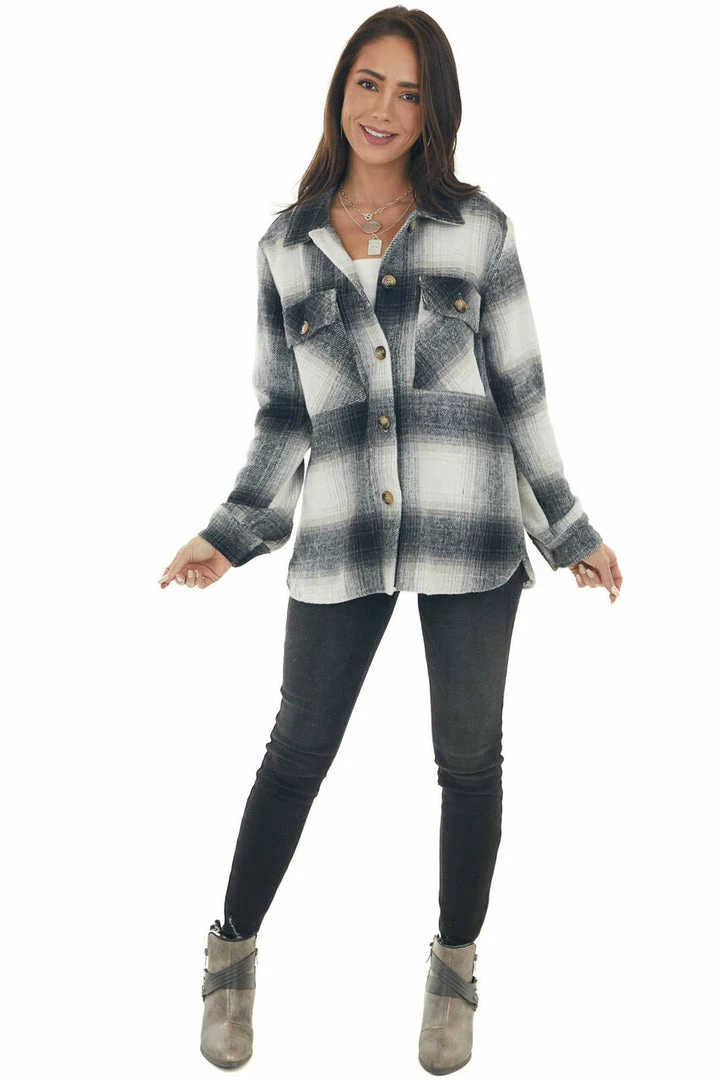 Umgee Black Plaid Button Down Brushed Shirt Jacket Tops 7 Umgee Black Plaid Button Down Brushed Shirt Jacket Tops