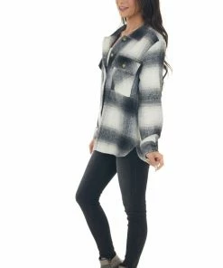 Umgee Black Plaid Button Down Brushed Shirt Jacket Tops 23 Umgee Black Plaid Button Down Brushed Shirt Jacket Tops