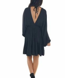 Peach Love Black Pleated Bubble Sleeve V Neck Short Dress Dresses