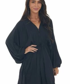 Peach Love Black Pleated Bubble Sleeve V Neck Short Dress Dresses